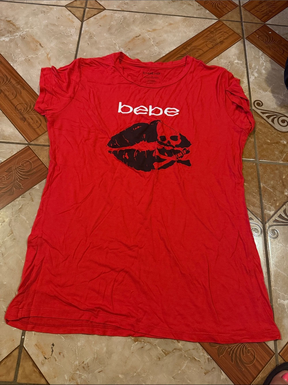 bebe Red Tee with Black Lip & Skull Graphic